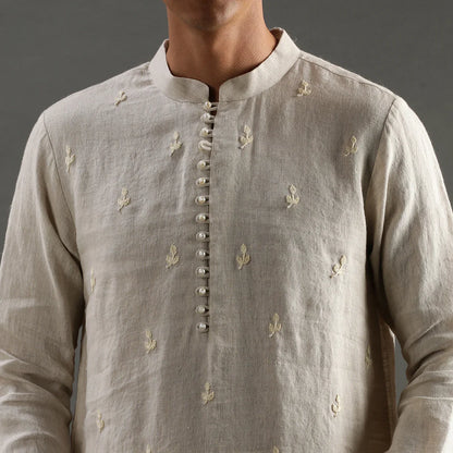 Beige Linen Embroidered Kurta Set with Cotton Pyjama