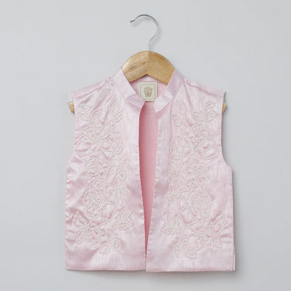 White & Baby Pink Raw Silk Kurta-Pyjama Set for Boys