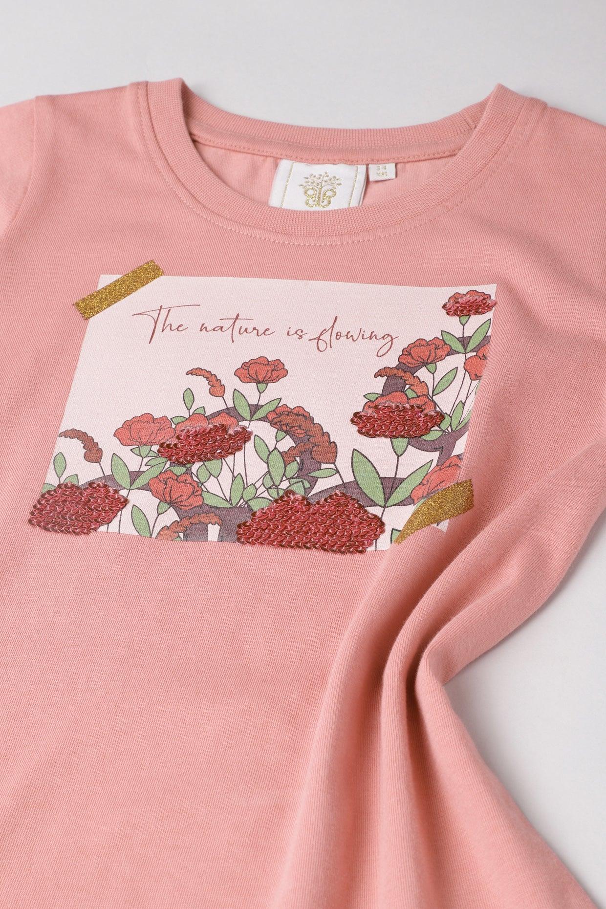 Blush Pink Reversible Sequin Nature Print T-Shirt for Girls