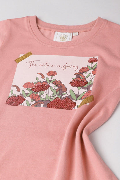 Blush Pink Reversible Sequin Nature Print T-Shirt for Girls