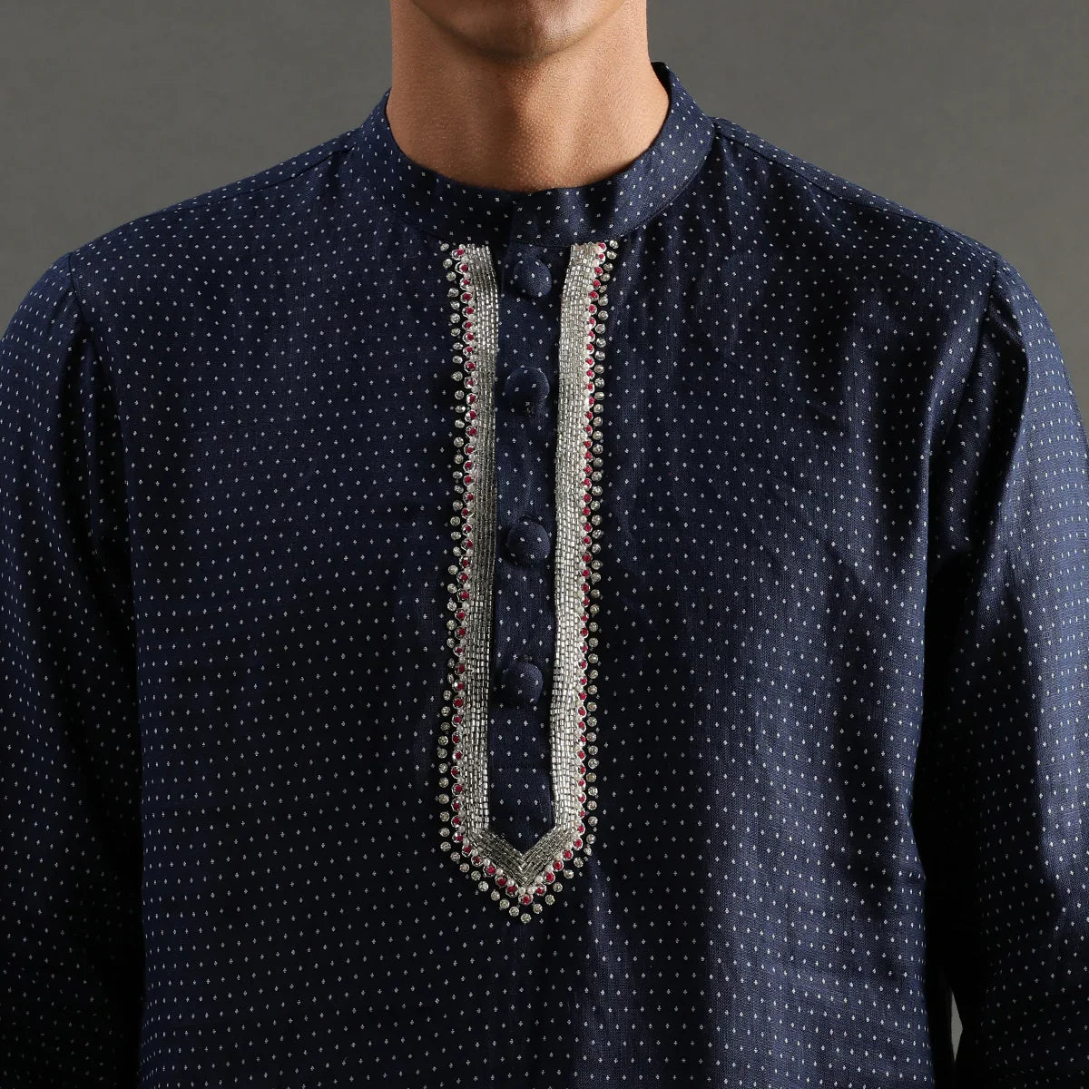 Navy Polka Dot Linen Kurta Pyjama Set for Men