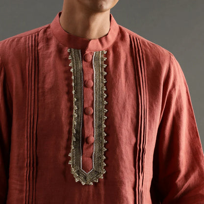 Rust Linen Kurta Pyjama Set with Hand Embroidery
