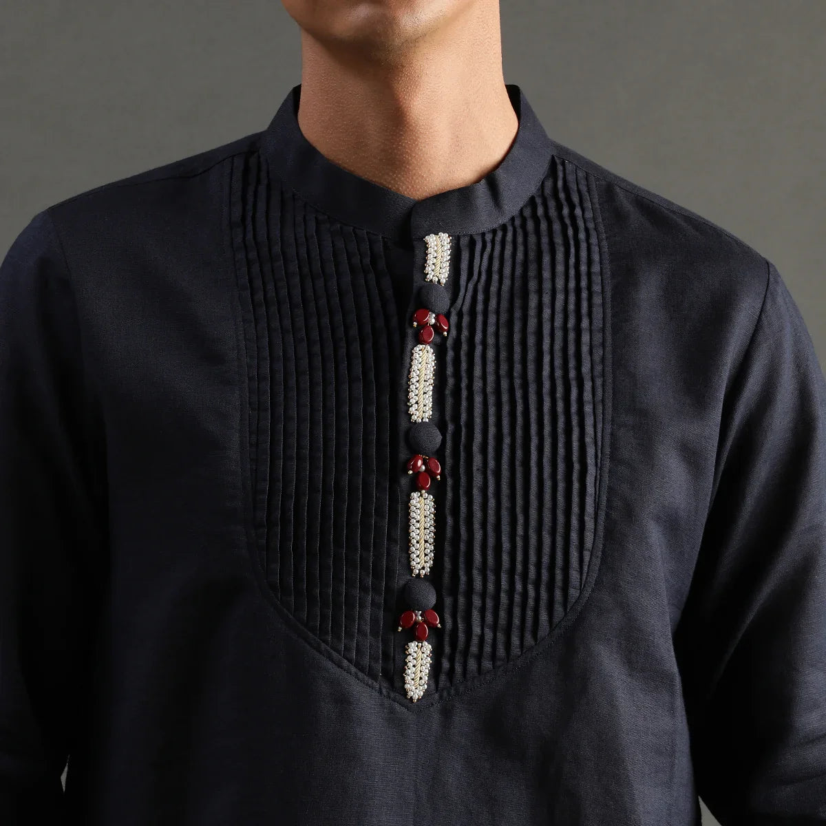 Navy Pintuck Linen Kurta Pyjama Set for Men