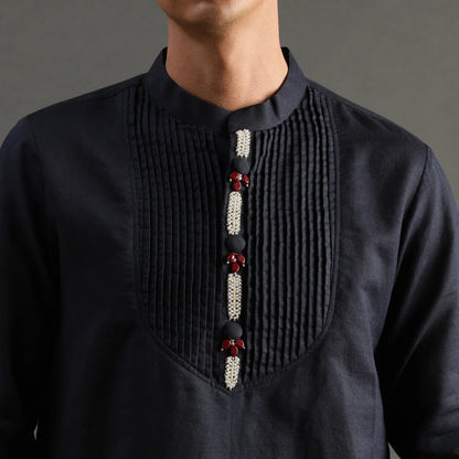 Navy Pintuck Linen Kurta Pyjama Set for Men
