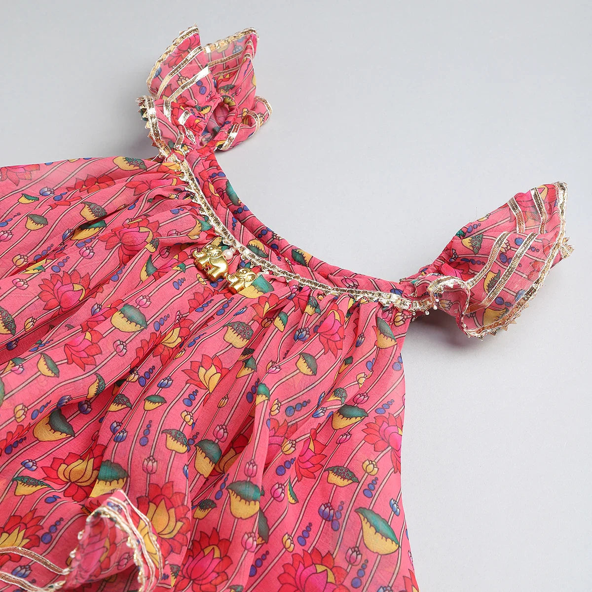 Girls Pink Floral Off-Shoulder Dhoti Set