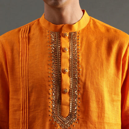 Orange Linen Kurta Set with Hand Embroidery