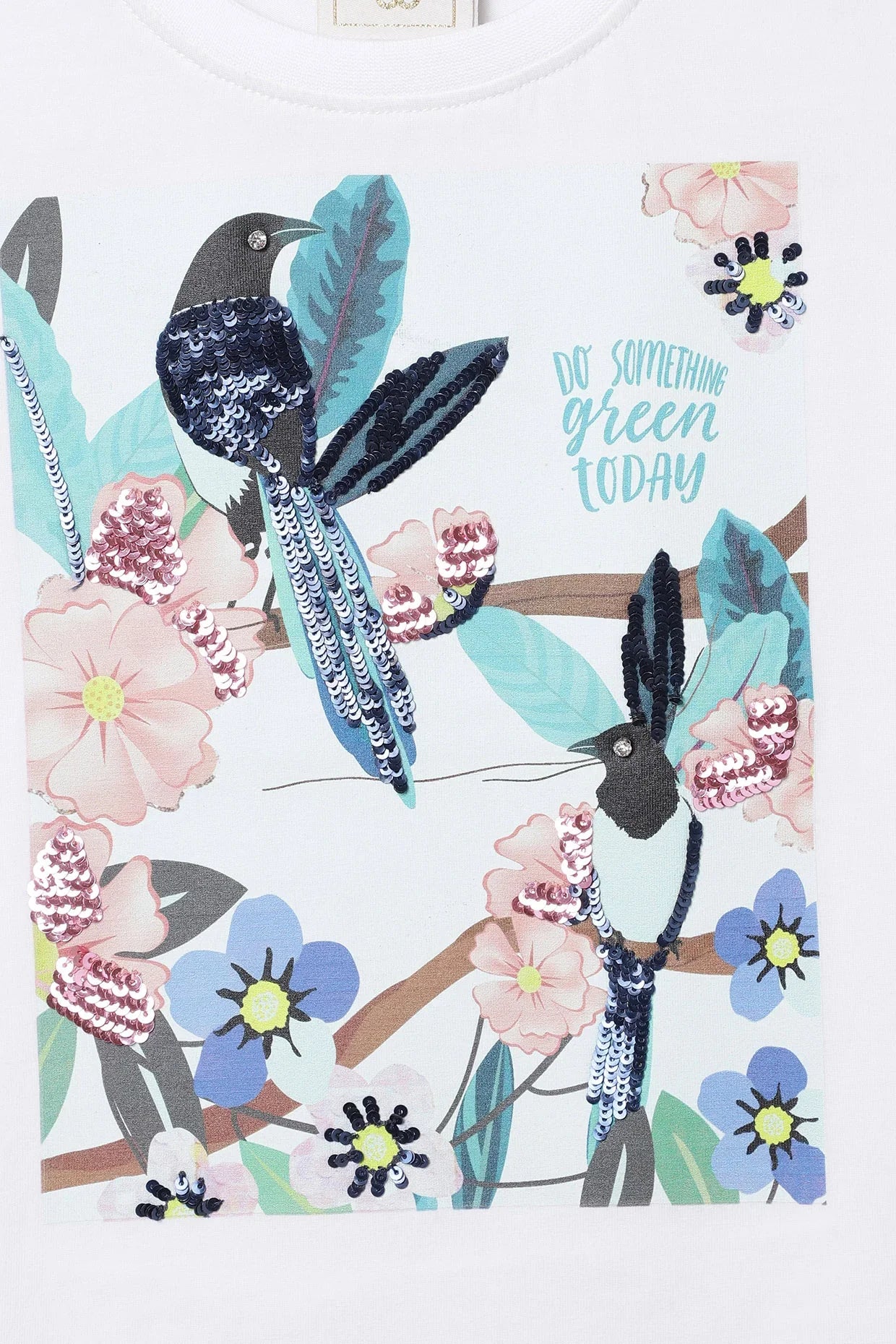 White Bird & Flower Printed T-Shirt with Sequin Detail