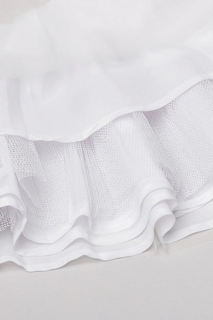 White Satin Party Dress with Pearl Embellishments