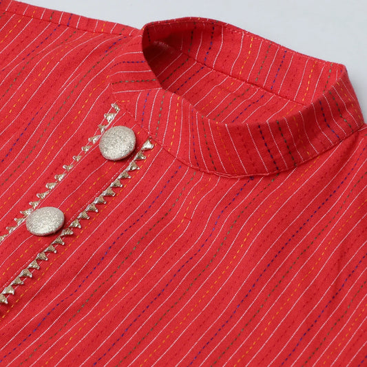 Red & White Katha Stitch Kurta Pyjama Set for Boys