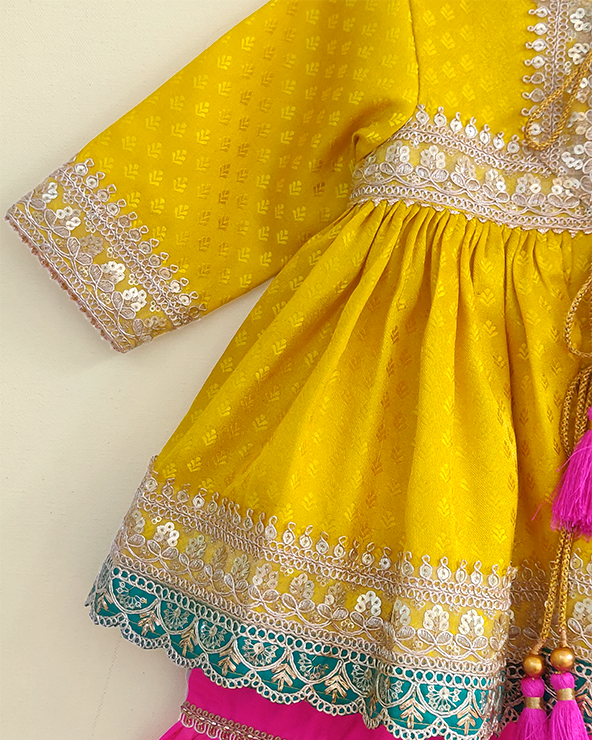 Lime yellow banarasi silk kurti sharara set for girls with cotton lining