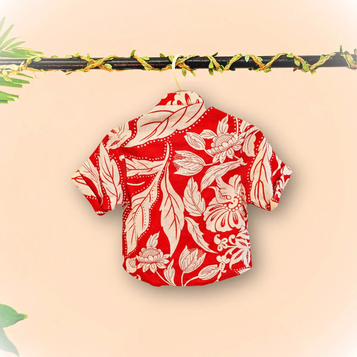 Tropical print red pure linen shirt set