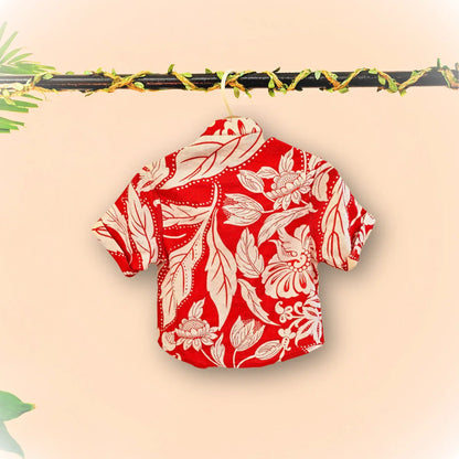 Tropical print red pure linen shirt set