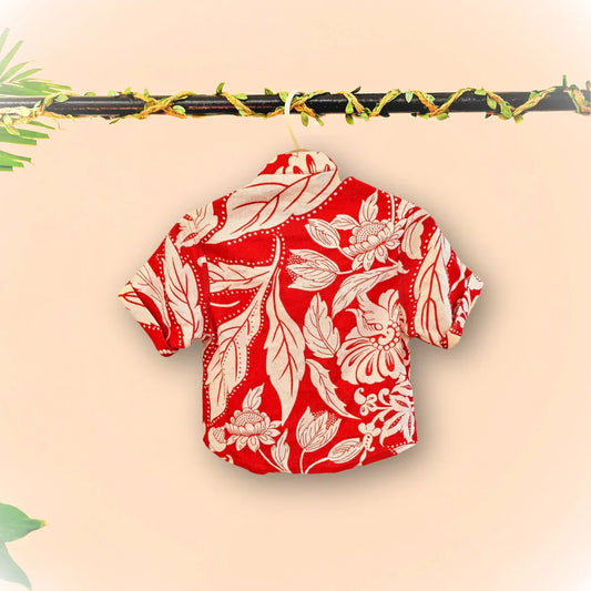 Tropical print red pure linen shirt set