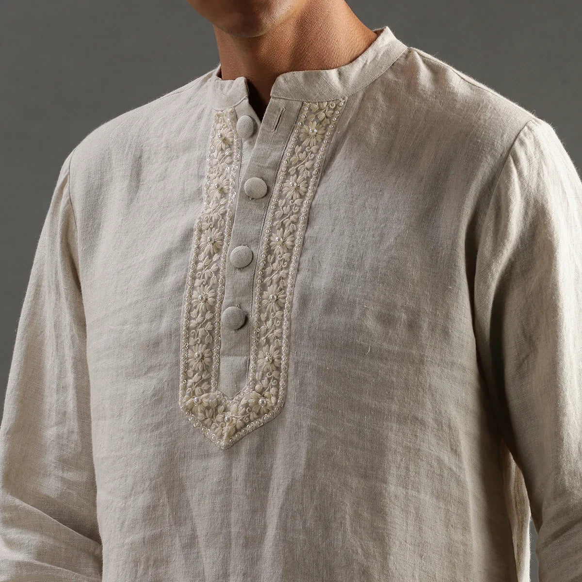 Beige Linen Short Kurta Pyjama Set with Embroidered Placket