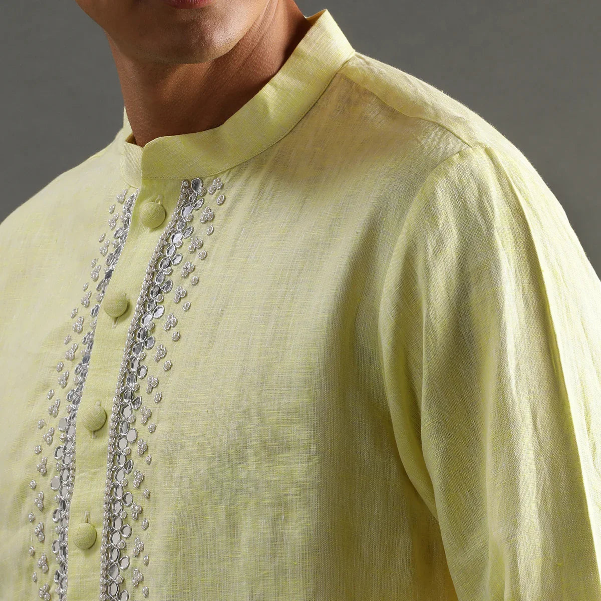 Lime Yellow Linen Kurta Pyjama Set for Men