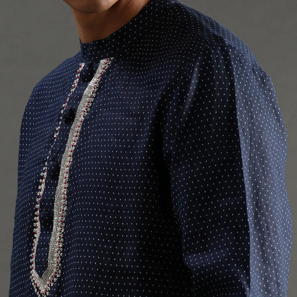 Navy Polka Dot Linen Kurta Pyjama Set for Men
