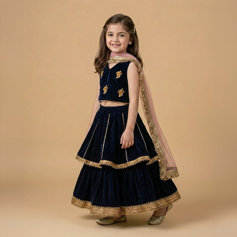 Girls navy blue velvet lehenga set with zardozi hand-embroidered crop top, gold border detailing and sheer dupatta.
