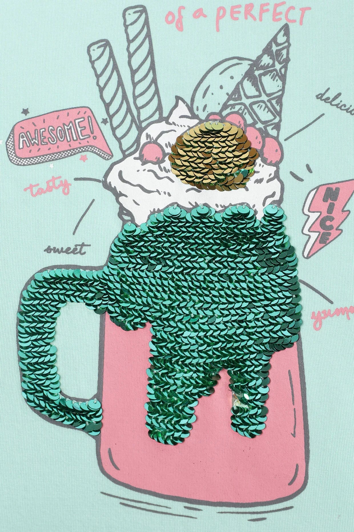 Fresh Teal Reversible Sequin Drink Print T-Shirt for Girls