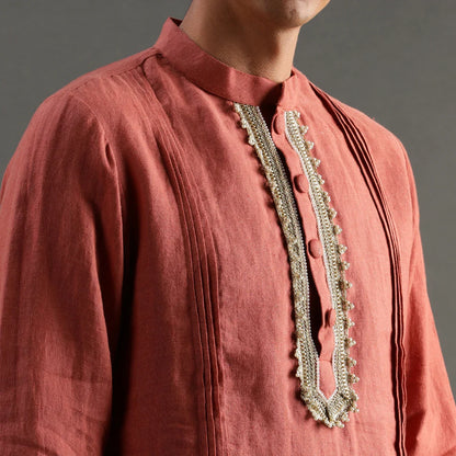 Rust Linen Kurta Pyjama Set with Hand Embroidery