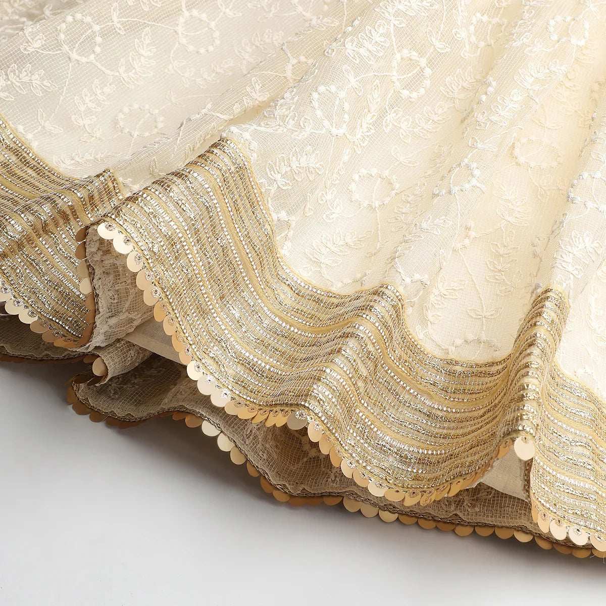 Ivory & Gold Jute Silk Lehenga Set with Organza Dupatta