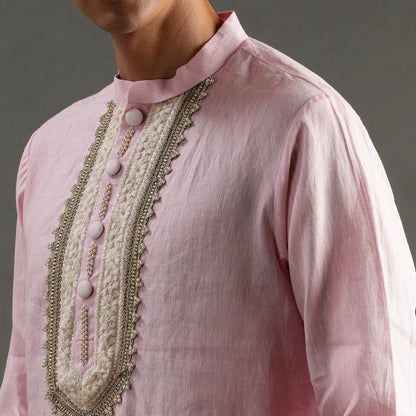 Light Pink Linen Kurta Pyjama Set with Hand Embroidery