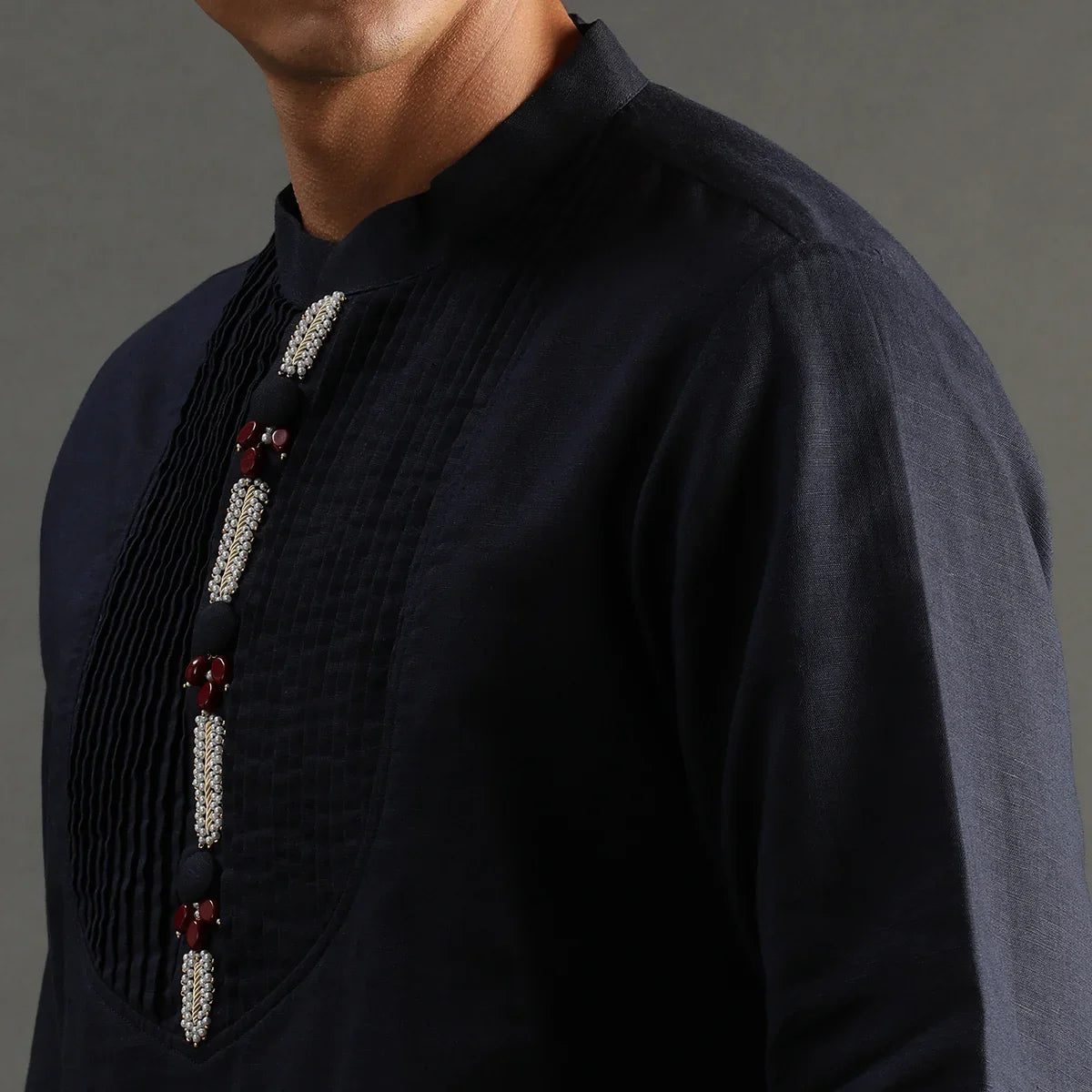 Navy Pintuck Linen Kurta Pyjama Set for Men
