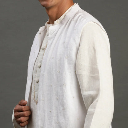 White Linen Kurta Set with Embroidered Jacket
