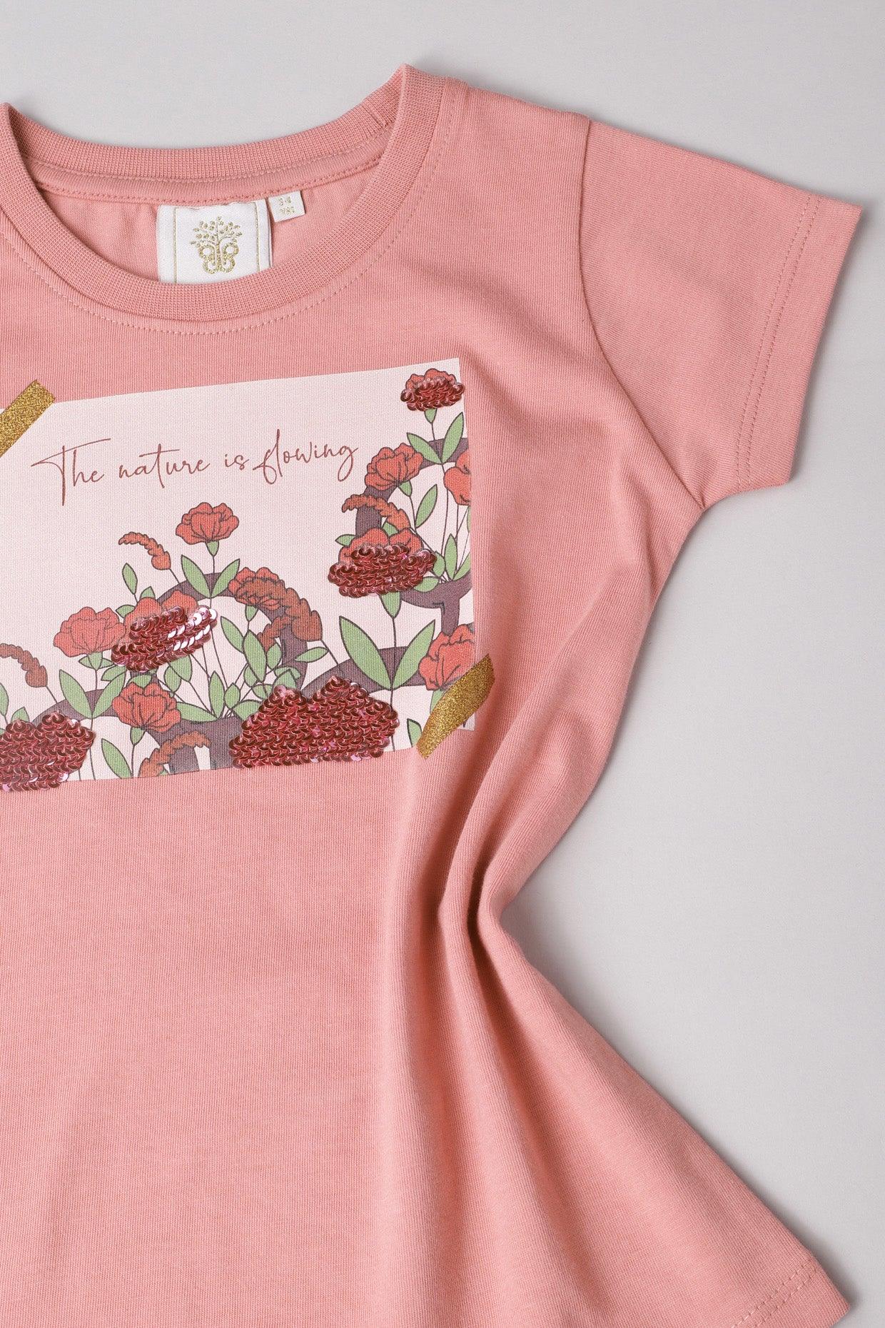 Blush Pink Reversible Sequin Nature Print T-Shirt for Girls