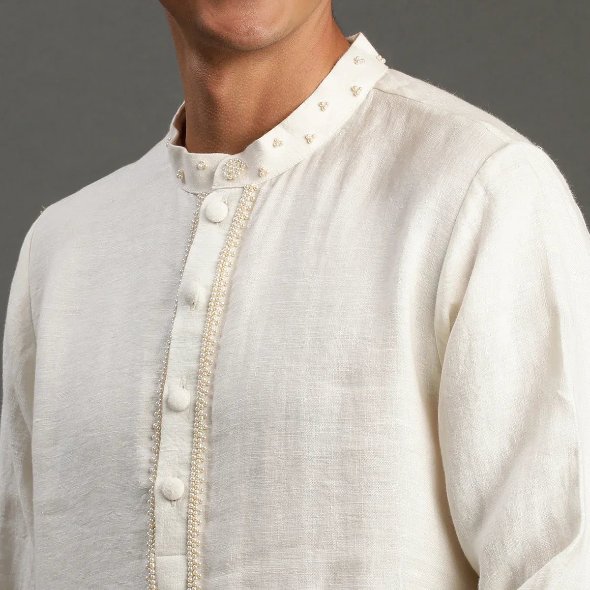 Off-White Linen Kurta Pyjama Set for Men