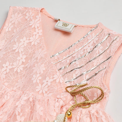 Peach Kaftan Kurta Sharara Set with Embroidery & Tassel Dupatta