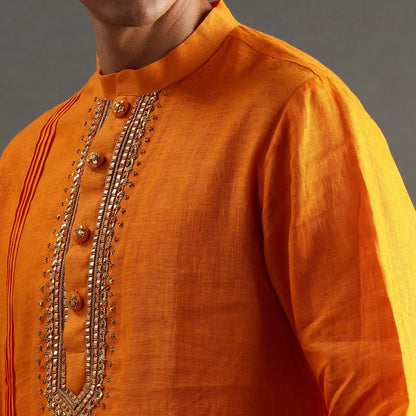 Orange Linen Kurta Set with Hand Embroidery