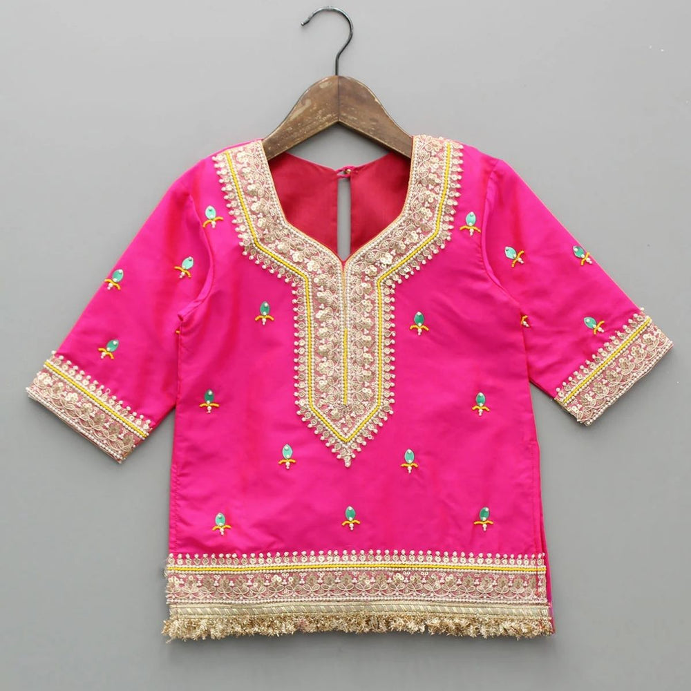 Girls pink taffeta silk embroidered lehenga set with green skirt and yellow dupatta