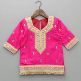 Girls pink taffeta silk embroidered lehenga set with green skirt and yellow dupatta