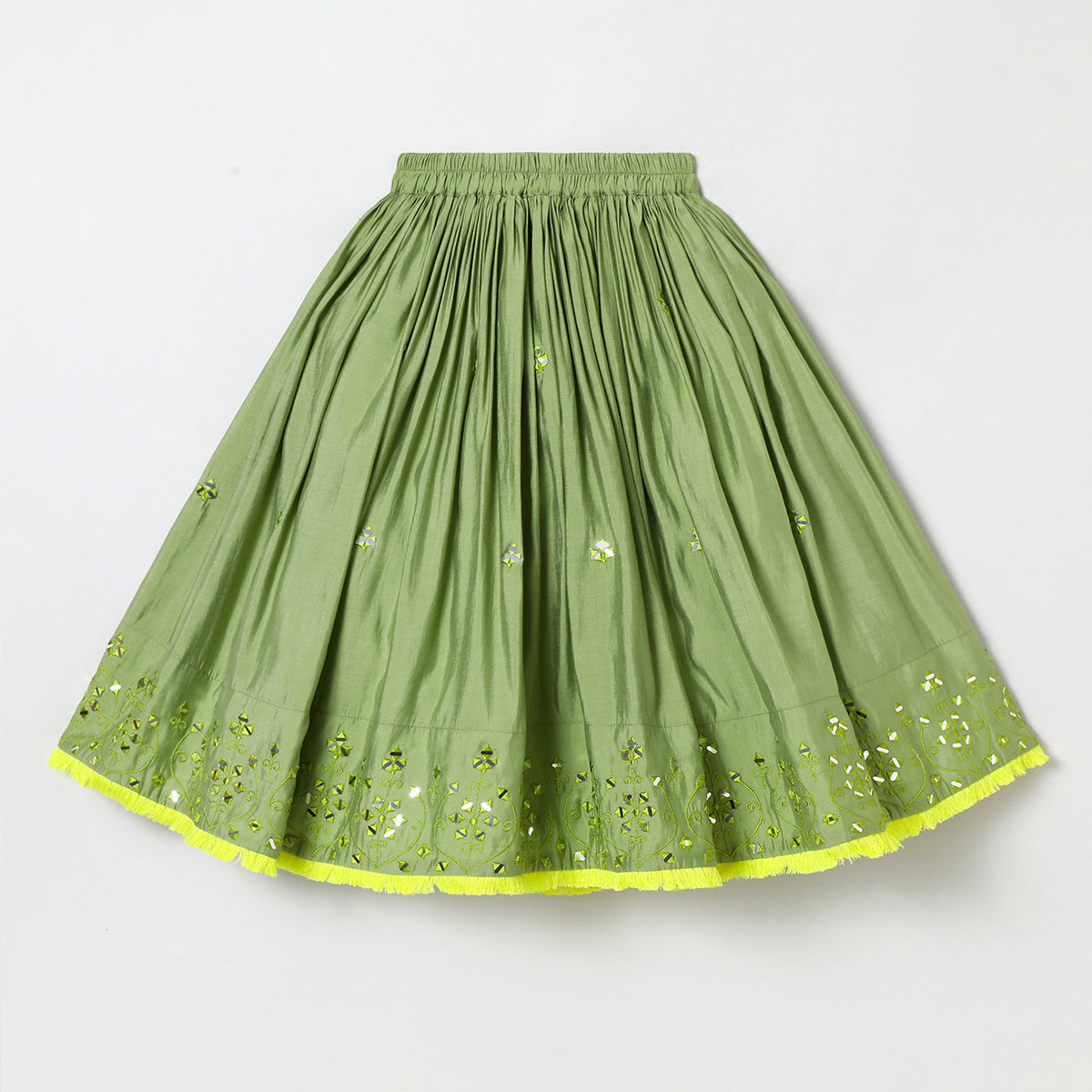 Sage green Chanderi mirror work top skirt and Dupatta