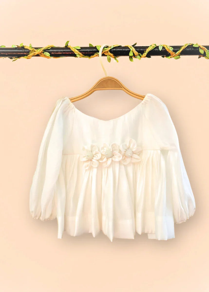 Roman silk baloon sleeve with 3D flower top