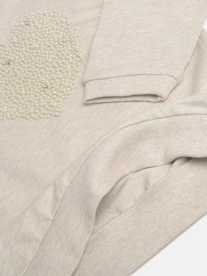 Ecru Melange Sweatshirt with Pearl Heart Embroidery