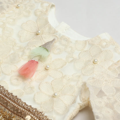 Ivory & Gold Organza Lehenga Set with Embroidered Blouse