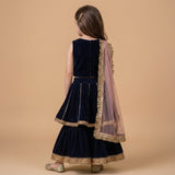 Girls navy blue velvet lehenga set with zardozi hand-embroidered crop top, gold border detailing and sheer dupatta.