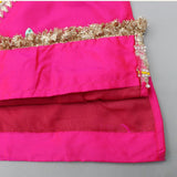Girls pink taffeta silk embroidered lehenga set with green skirt and yellow dupatta