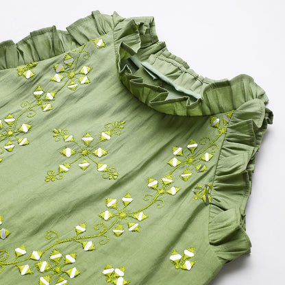 Sage green Chanderi mirror work top skirt and Dupatta