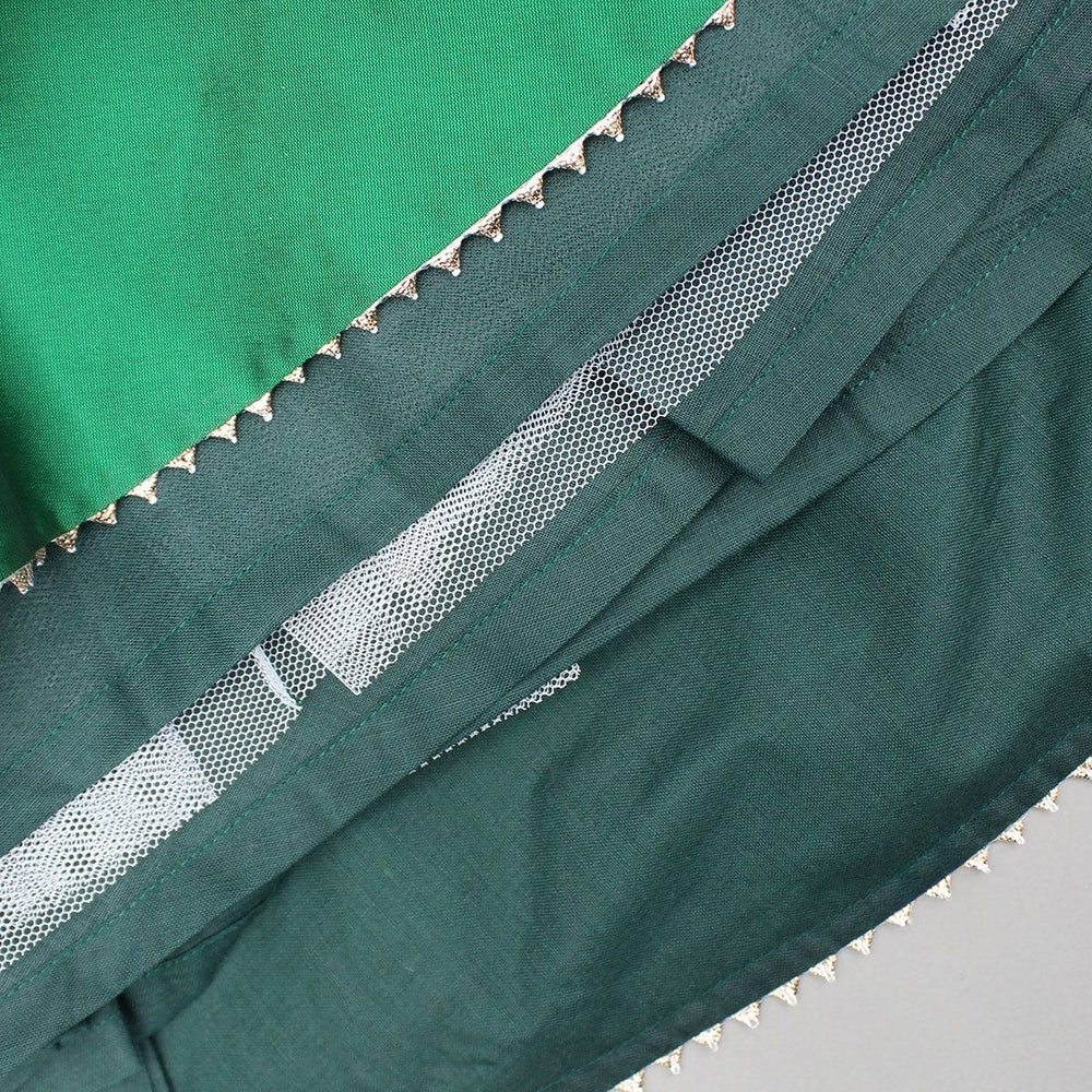Girls pink taffeta silk embroidered lehenga set with green skirt and yellow dupatta