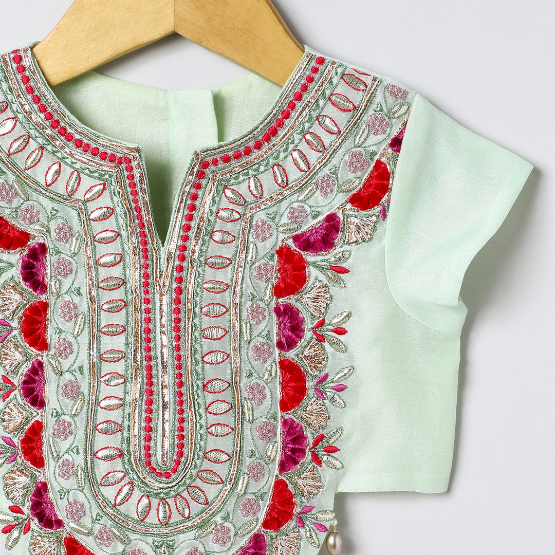 Chanderi silk lehenga set featuring exquisite hand embroidery, along with a beautiful dupatta.