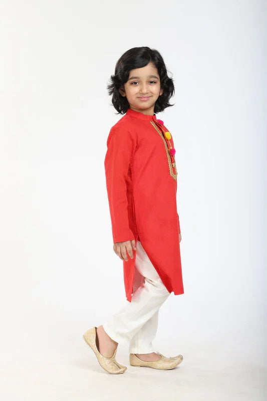 Vibrant Red Linen Kurta Pajama Set