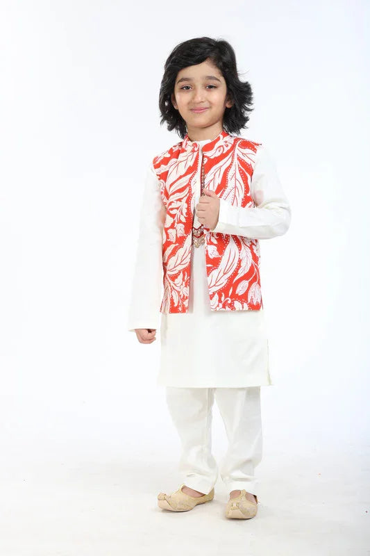 3Pcs White Linen Kurta Set with Waistcoat