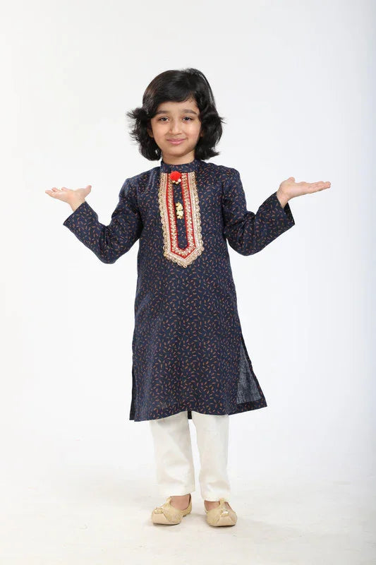Navy Printed Linen Kurta Pajama Set
