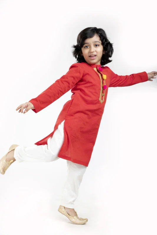Vibrant Red Linen Kurta Pajama Set