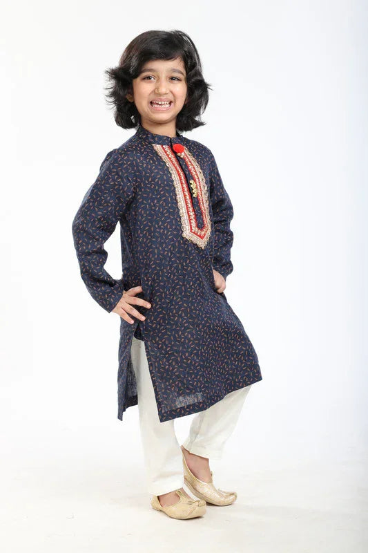 Navy Printed Linen Kurta Pajama Set