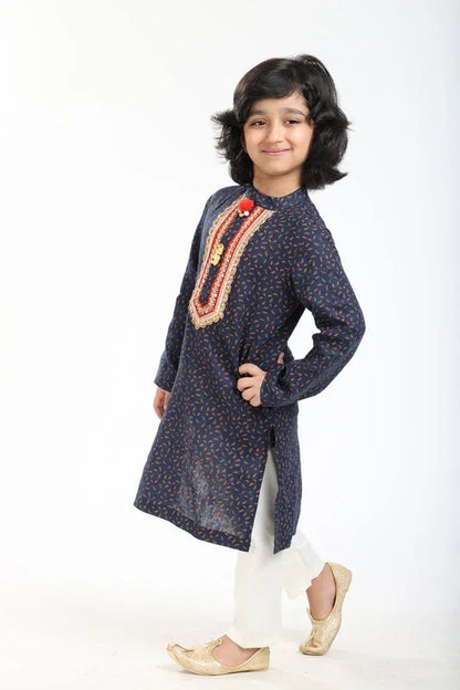 Navy Printed Linen Kurta Pajama Set