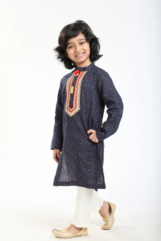 Navy Printed Linen Kurta Pajama Set