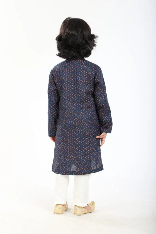 Navy Printed Linen Kurta Pajama Set